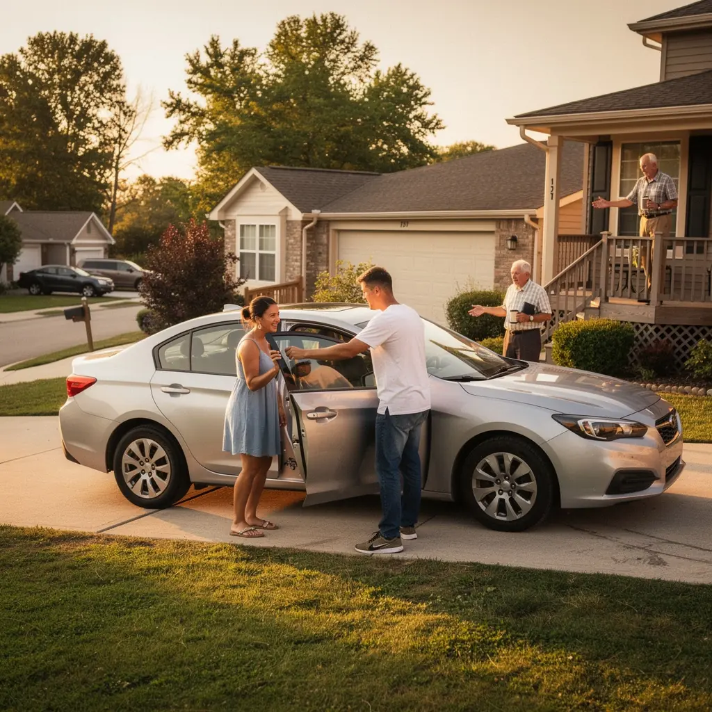 Изображение автомобиля с защитой от столкновений на фоне городского пейзажа.