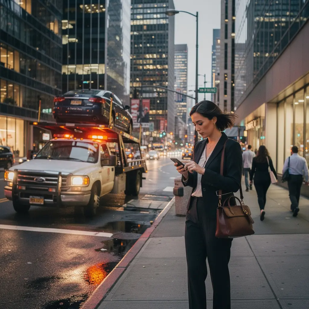 Изображение автомобиля с защитной страховкой, припаркованного на обочине дороги.