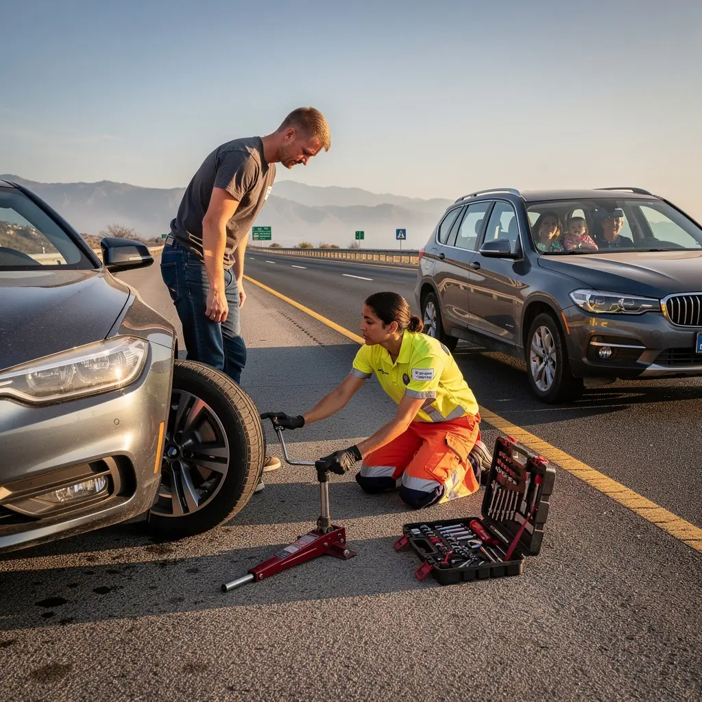 Иконка с изображением знака "Дорожная помощь" и прозрачных цен на страхование автомобилей.